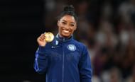 Simone Biles of Team United States with her gold medal after winning the Women's Vault Final at the Gymnastics Bercy Arena during the 2024 Summer Olympic Games in Paris, France. (Photo via Getty Images)